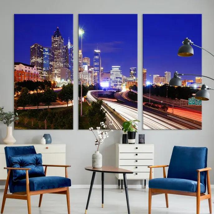 Atlanta City Lights Night Blue Skyline Canvas Print 