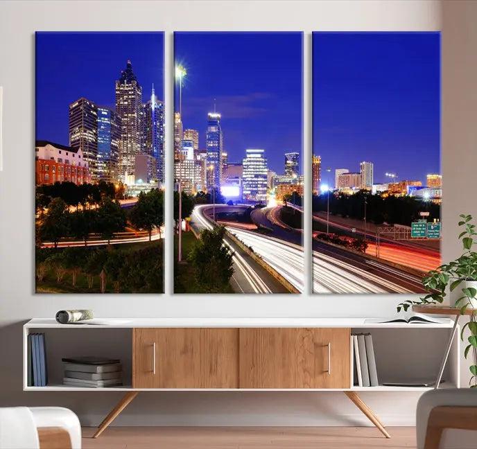 Atlanta City Lights Night Blue Skyline Canvas Print 