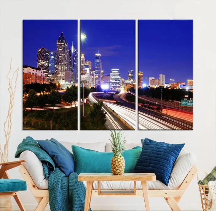 Atlanta City Lights Night Blue Skyline Canvas Print 