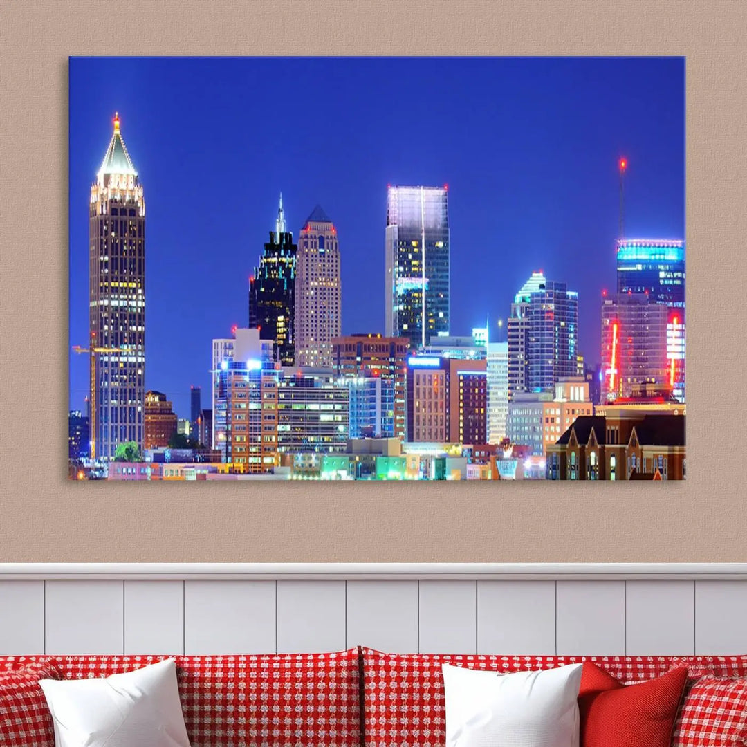 The modern living room is enhanced by the elegance of the "Atlanta City Lights Night Blue Skyline Cityscape Wall Art Canvas Print." This triptych, crafted on museum-quality canvas with a UV-protective coating, arrives ready to hang on the wall.