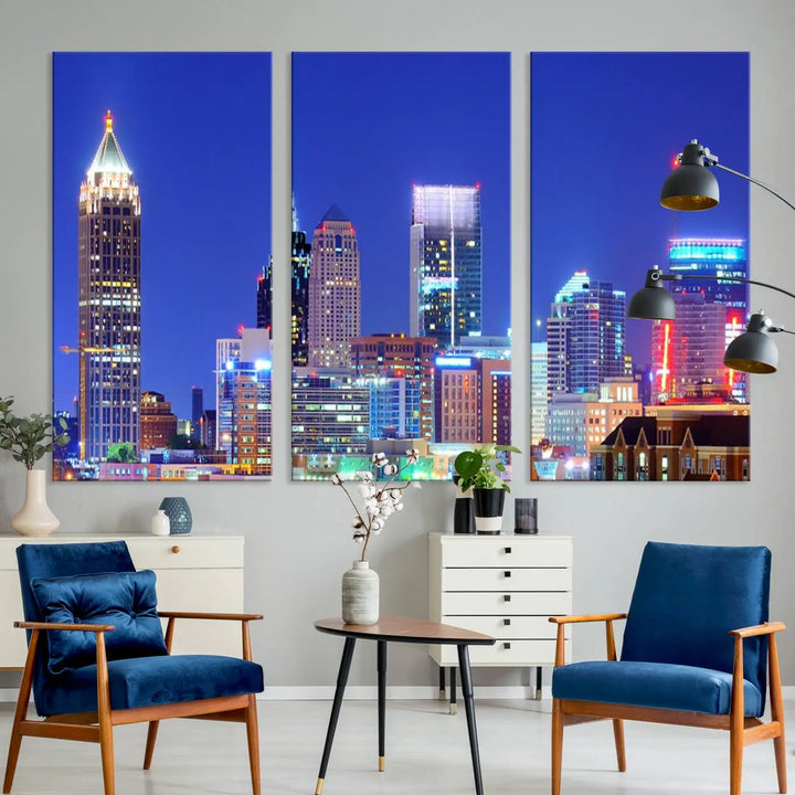 The modern living room is enhanced by the elegance of the "Atlanta City Lights Night Blue Skyline Cityscape Wall Art Canvas Print." This triptych, crafted on museum-quality canvas with a UV-protective coating, arrives ready to hang on the wall.