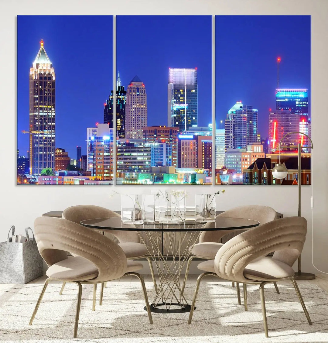 The modern living room is enhanced by the elegance of the "Atlanta City Lights Night Blue Skyline Cityscape Wall Art Canvas Print." This triptych, crafted on museum-quality canvas with a UV-protective coating, arrives ready to hang on the wall.