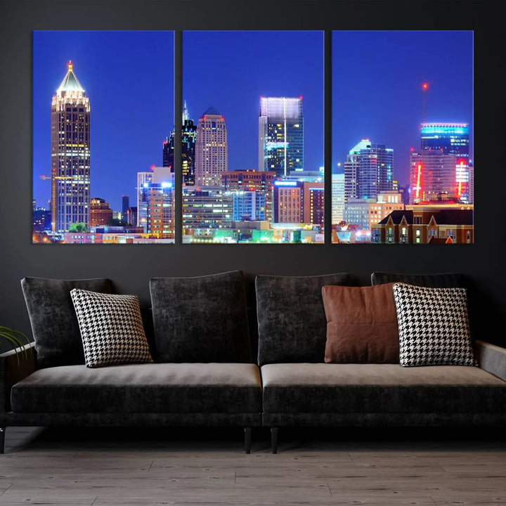 The modern living room is enhanced by the elegance of the "Atlanta City Lights Night Blue Skyline Cityscape Wall Art Canvas Print." This triptych, crafted on museum-quality canvas with a UV-protective coating, arrives ready to hang on the wall.