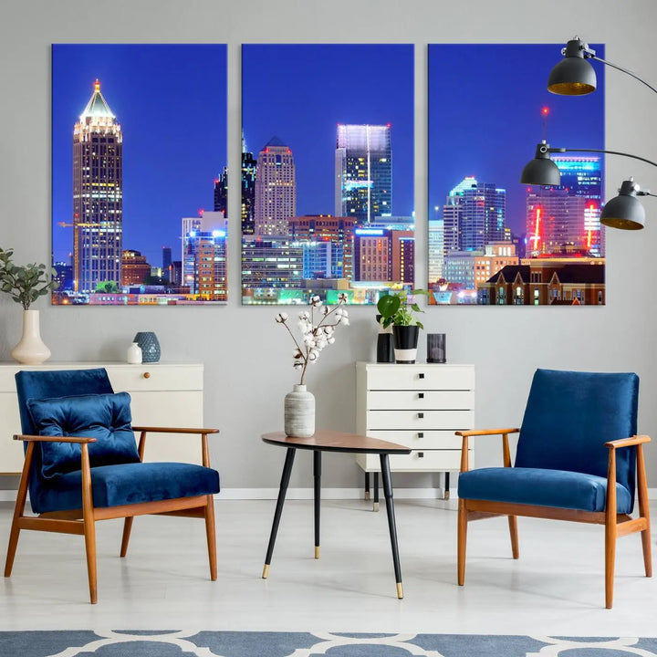 The modern living room is enhanced by the elegance of the "Atlanta City Lights Night Blue Skyline Cityscape Wall Art Canvas Print." This triptych, crafted on museum-quality canvas with a UV-protective coating, arrives ready to hang on the wall.