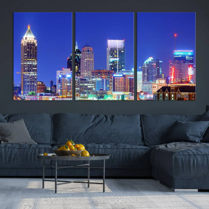 The modern living room is enhanced by the elegance of the "Atlanta City Lights Night Blue Skyline Cityscape Wall Art Canvas Print." This triptych, crafted on museum-quality canvas with a UV-protective coating, arrives ready to hang on the wall.