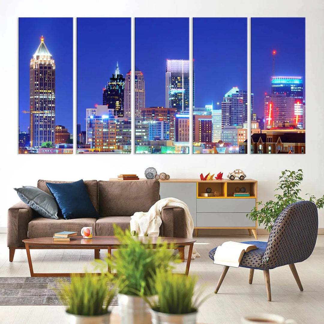 The modern living room is enhanced by the elegance of the "Atlanta City Lights Night Blue Skyline Cityscape Wall Art Canvas Print." This triptych, crafted on museum-quality canvas with a UV-protective coating, arrives ready to hang on the wall.