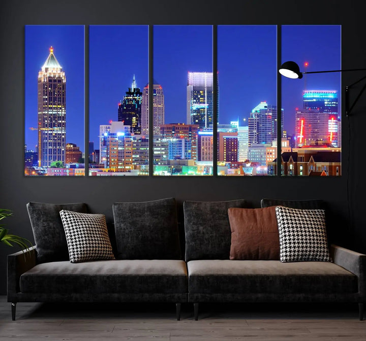 The modern living room is enhanced by the elegance of the "Atlanta City Lights Night Blue Skyline Cityscape Wall Art Canvas Print." This triptych, crafted on museum-quality canvas with a UV-protective coating, arrives ready to hang on the wall.