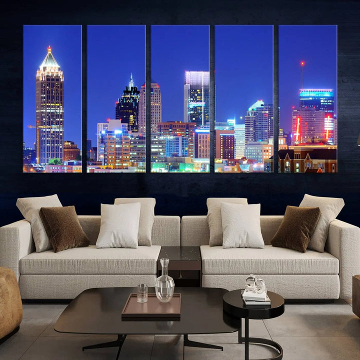 The modern living room is enhanced by the elegance of the "Atlanta City Lights Night Blue Skyline Cityscape Wall Art Canvas Print." This triptych, crafted on museum-quality canvas with a UV-protective coating, arrives ready to hang on the wall.