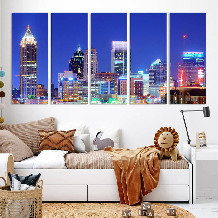 The modern living room is enhanced by the elegance of the "Atlanta City Lights Night Blue Skyline Cityscape Wall Art Canvas Print." This triptych, crafted on museum-quality canvas with a UV-protective coating, arrives ready to hang on the wall.