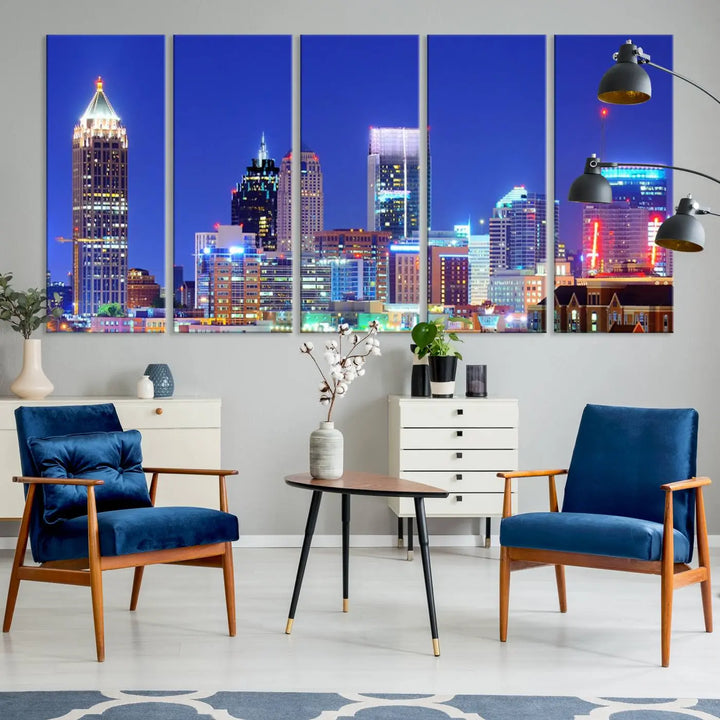 The modern living room is enhanced by the elegance of the "Atlanta City Lights Night Blue Skyline Cityscape Wall Art Canvas Print." This triptych, crafted on museum-quality canvas with a UV-protective coating, arrives ready to hang on the wall.