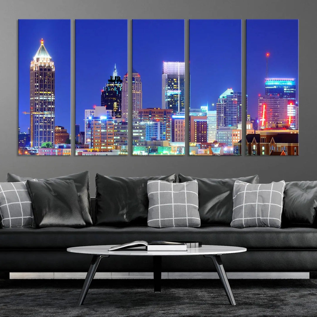 The modern living room is enhanced by the elegance of the "Atlanta City Lights Night Blue Skyline Cityscape Wall Art Canvas Print." This triptych, crafted on museum-quality canvas with a UV-protective coating, arrives ready to hang on the wall.