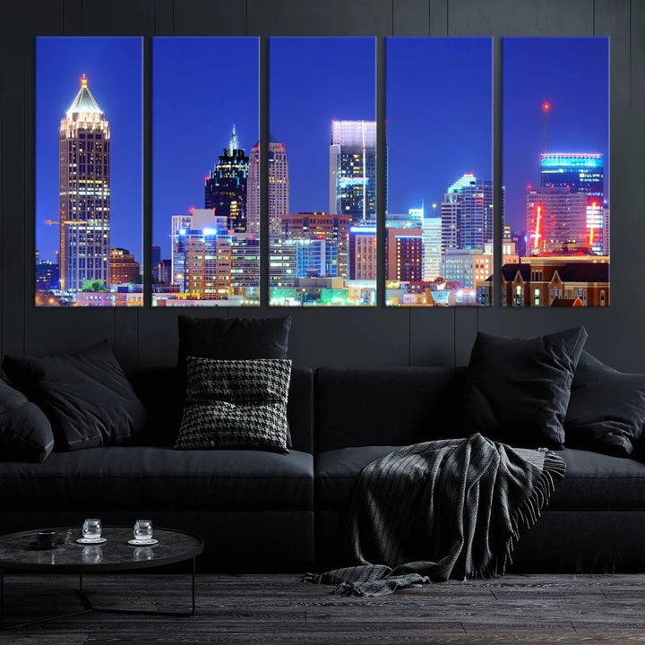 The modern living room is enhanced by the elegance of the "Atlanta City Lights Night Blue Skyline Cityscape Wall Art Canvas Print." This triptych, crafted on museum-quality canvas with a UV-protective coating, arrives ready to hang on the wall.