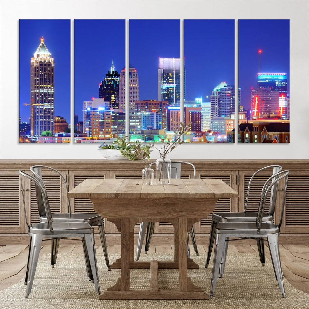 The modern living room is enhanced by the elegance of the "Atlanta City Lights Night Blue Skyline Cityscape Wall Art Canvas Print." This triptych, crafted on museum-quality canvas with a UV-protective coating, arrives ready to hang on the wall.