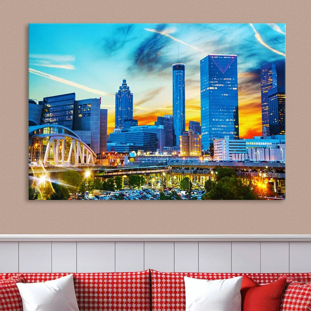 The Atlanta City Lights Sunset Blue and Orange Skyline Cityscape View Wall Art Canvas Print, crafted with vibrant colors on museum-quality canvas and a UV-protective coating, enhances the space in the living room.