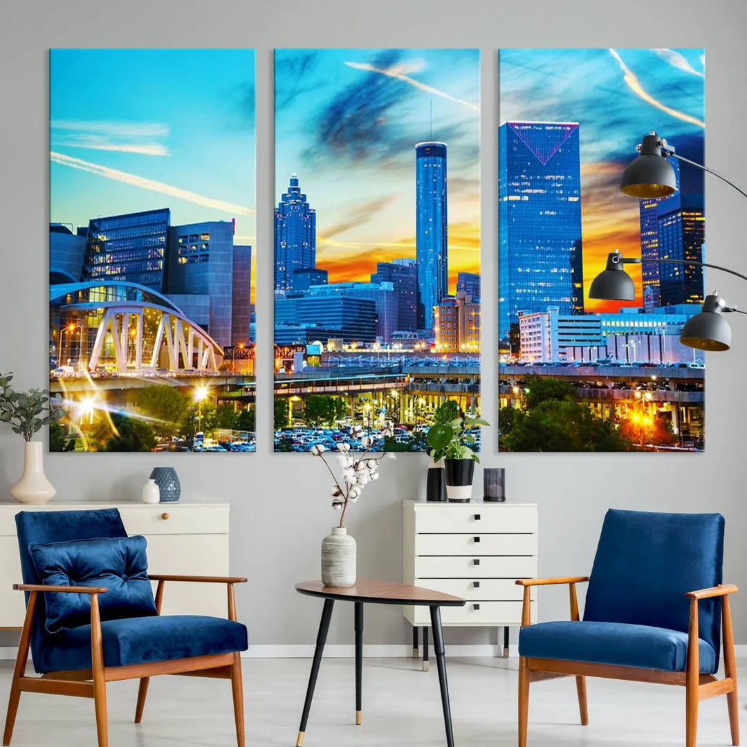 The Atlanta City Lights Sunset Blue and Orange Skyline Cityscape View Wall Art Canvas Print, crafted with vibrant colors on museum-quality canvas and a UV-protective coating, enhances the space in the living room.