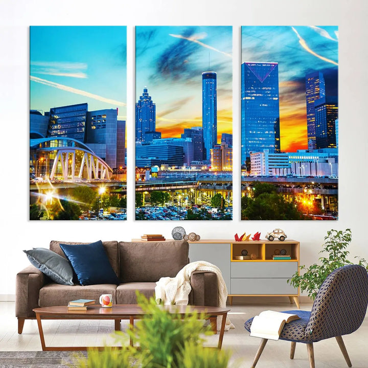 The Atlanta City Lights Sunset Blue and Orange Skyline Cityscape View Wall Art Canvas Print, crafted with vibrant colors on museum-quality canvas and a UV-protective coating, enhances the space in the living room.