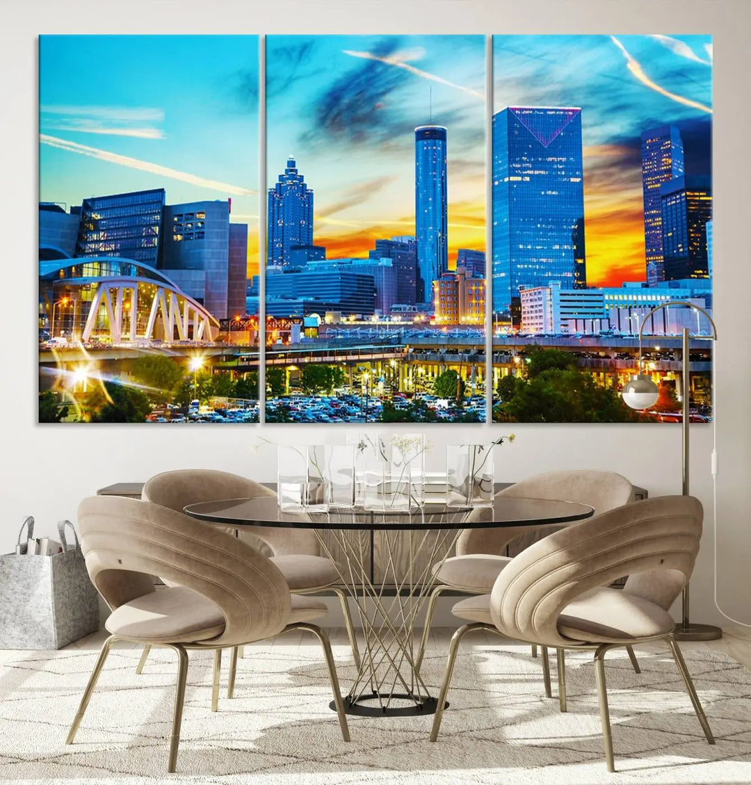 The Atlanta City Lights Sunset Blue and Orange Skyline Cityscape View Wall Art Canvas Print, crafted with vibrant colors on museum-quality canvas and a UV-protective coating, enhances the space in the living room.