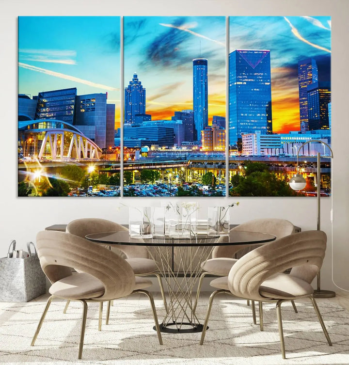 The Atlanta City Lights Sunset Blue and Orange Skyline Cityscape View Wall Art Canvas Print, crafted with vibrant colors on museum-quality canvas and a UV-protective coating, enhances the space in the living room.