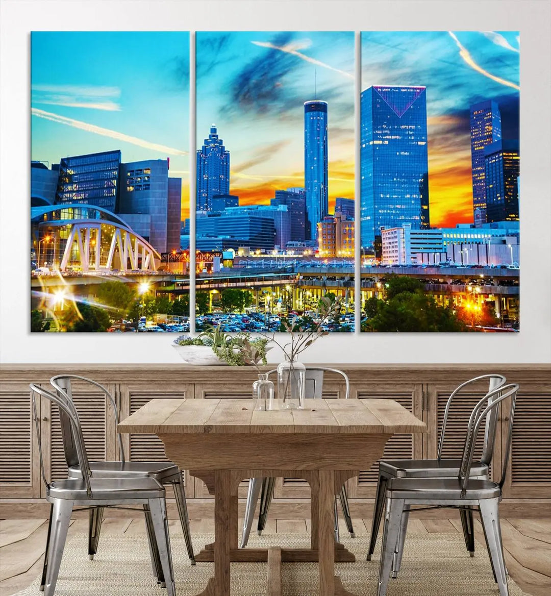 The Atlanta City Lights Sunset Blue and Orange Skyline Cityscape View Wall Art Canvas Print, crafted with vibrant colors on museum-quality canvas and a UV-protective coating, enhances the space in the living room.