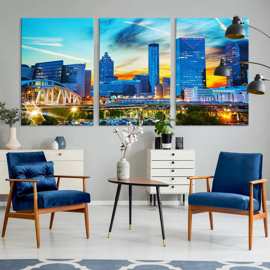 The Atlanta City Lights Sunset Blue and Orange Skyline Cityscape View Wall Art Canvas Print, crafted with vibrant colors on museum-quality canvas and a UV-protective coating, enhances the space in the living room.