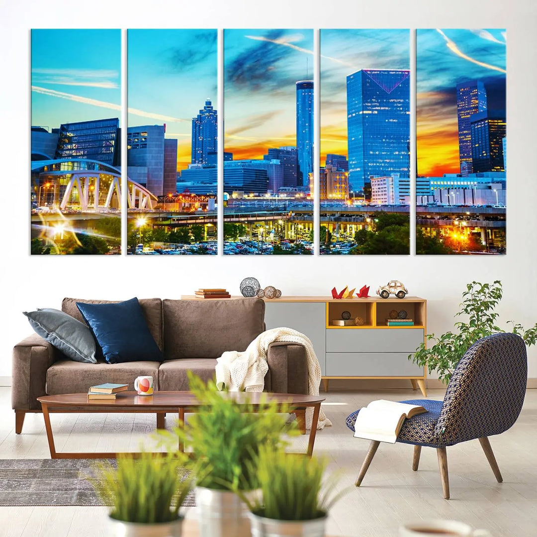 The Atlanta City Lights Sunset Blue and Orange Skyline Cityscape View Wall Art Canvas Print, crafted with vibrant colors on museum-quality canvas and a UV-protective coating, enhances the space in the living room.