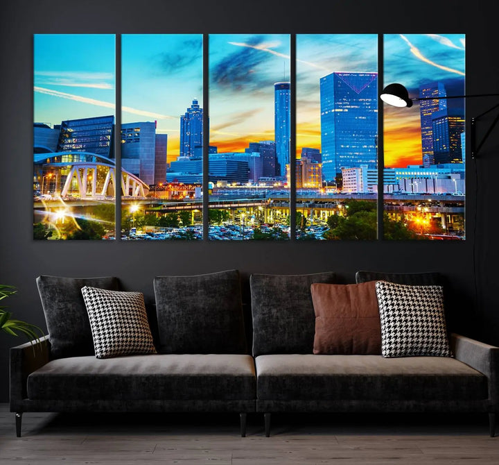 The Atlanta City Lights Sunset Blue and Orange Skyline Cityscape View Wall Art Canvas Print, crafted with vibrant colors on museum-quality canvas and a UV-protective coating, enhances the space in the living room.