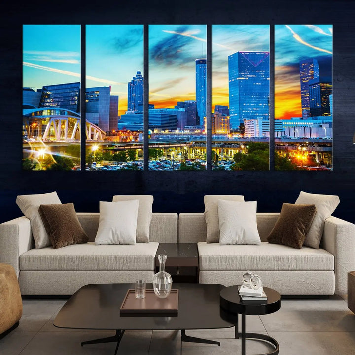 The Atlanta City Lights Sunset Blue and Orange Skyline Cityscape View Wall Art Canvas Print, crafted with vibrant colors on museum-quality canvas and a UV-protective coating, enhances the space in the living room.