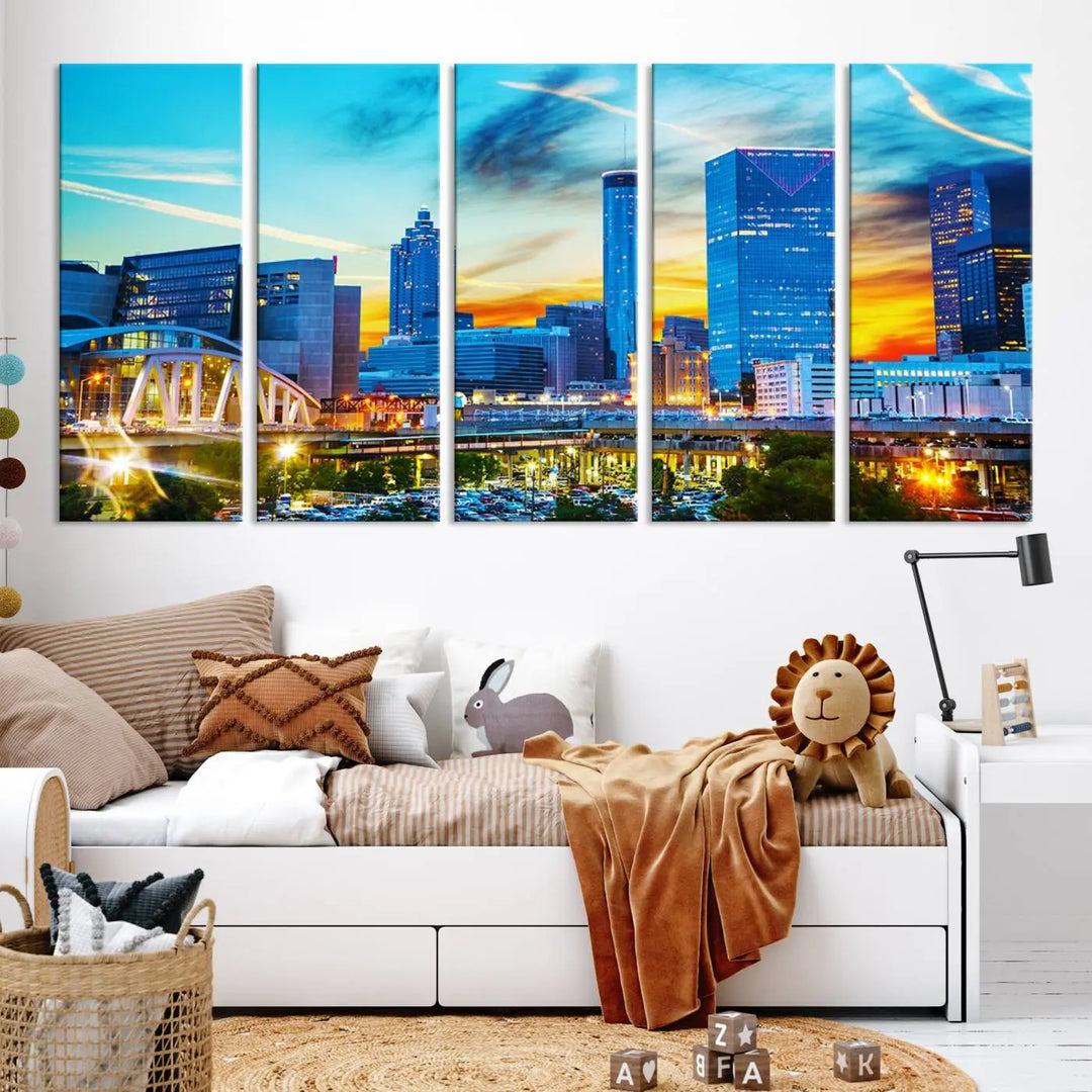 The Atlanta City Lights Sunset Blue and Orange Skyline Cityscape View Wall Art Canvas Print, crafted with vibrant colors on museum-quality canvas and a UV-protective coating, enhances the space in the living room.