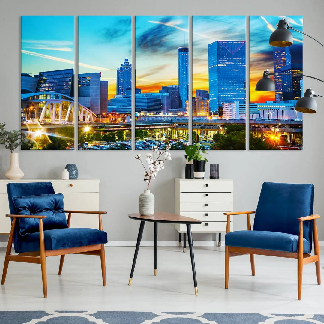 The Atlanta City Lights Sunset Blue and Orange Skyline Cityscape View Wall Art Canvas Print, crafted with vibrant colors on museum-quality canvas and a UV-protective coating, enhances the space in the living room.