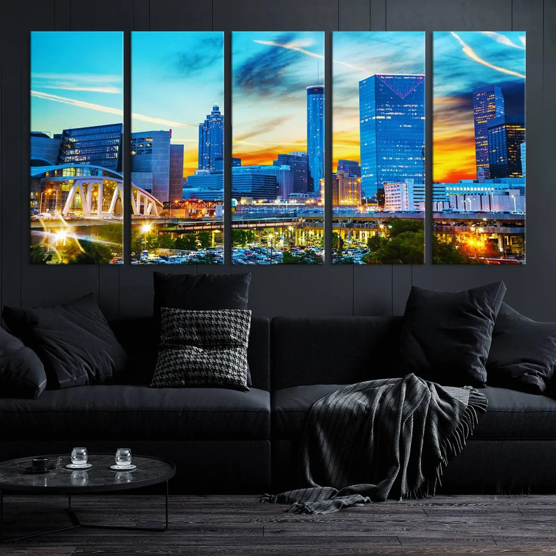 The Atlanta City Lights Sunset Blue and Orange Skyline Cityscape View Wall Art Canvas Print, crafted with vibrant colors on museum-quality canvas and a UV-protective coating, enhances the space in the living room.