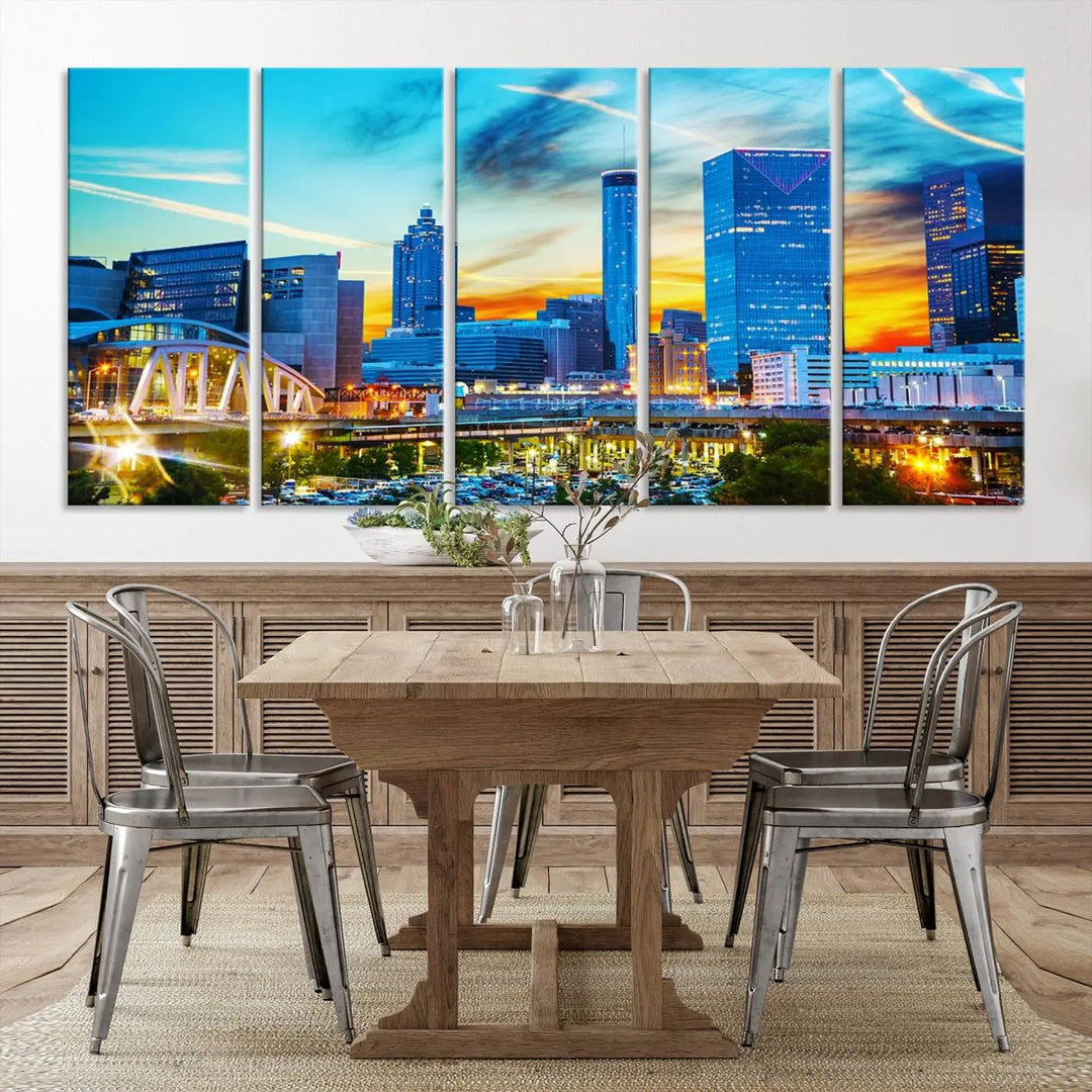 The Atlanta City Lights Sunset Blue and Orange Skyline Cityscape View Wall Art Canvas Print, crafted with vibrant colors on museum-quality canvas and a UV-protective coating, enhances the space in the living room.