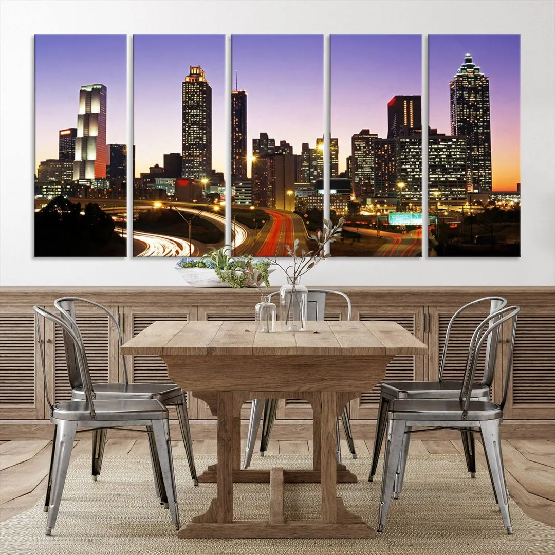 The Atlanta City Lights Sunset Purple Skyline Cityscape View wall art canvas print on the wall adds a touch of sophistication and transforms the space into an elegant sanctuary. The gallery-wrapped canvas print enhances the room's ambiance with its striking beauty.