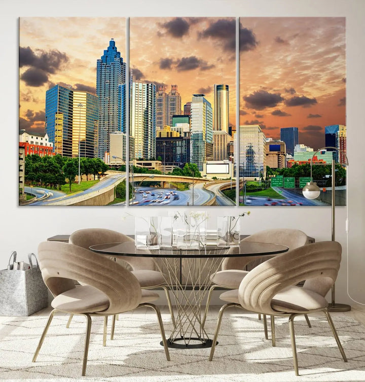 The wall is adorned with the Atlanta City Lights Sunset Skyline Cityscape View Wall Art Canvas Print, elegantly gallery wrapped and showcasing a skyline beneath a partly cloudy sky. This piece is created on museum-quality canvas and features a UV-protective coating to ensure lasting vibrancy.