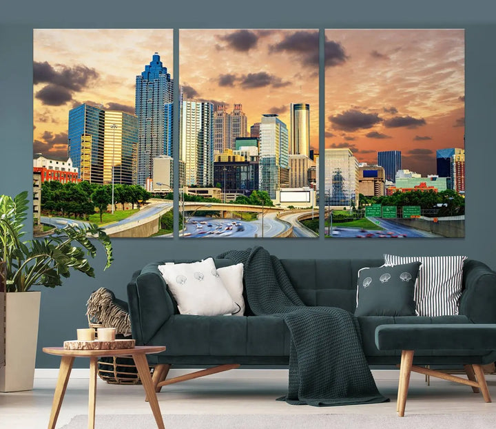 The wall is adorned with the Atlanta City Lights Sunset Skyline Cityscape View Wall Art Canvas Print, elegantly gallery wrapped and showcasing a skyline beneath a partly cloudy sky. This piece is created on museum-quality canvas and features a UV-protective coating to ensure lasting vibrancy.