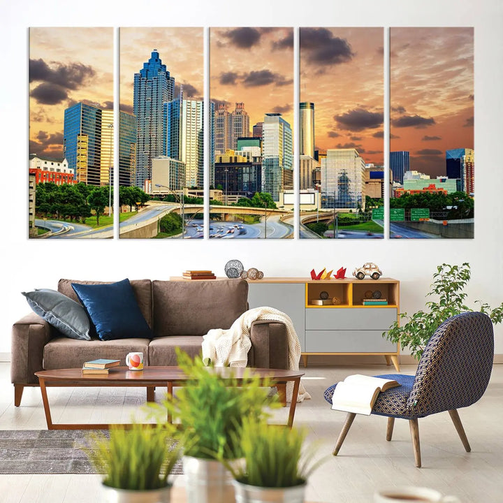 The wall is adorned with the Atlanta City Lights Sunset Skyline Cityscape View Wall Art Canvas Print, elegantly gallery wrapped and showcasing a skyline beneath a partly cloudy sky. This piece is created on museum-quality canvas and features a UV-protective coating to ensure lasting vibrancy.