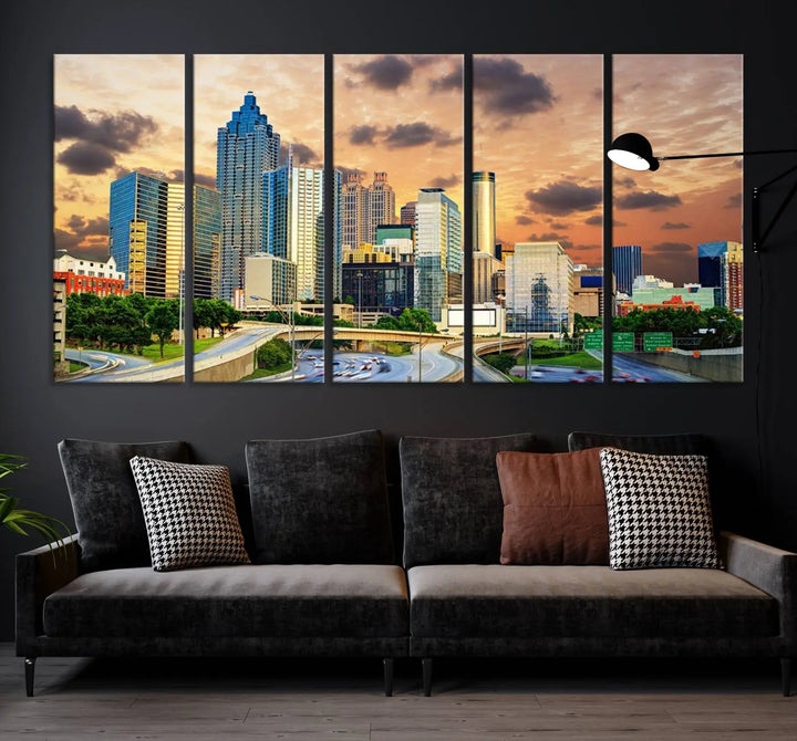 The wall is adorned with the Atlanta City Lights Sunset Skyline Cityscape View Wall Art Canvas Print, elegantly gallery wrapped and showcasing a skyline beneath a partly cloudy sky. This piece is created on museum-quality canvas and features a UV-protective coating to ensure lasting vibrancy.