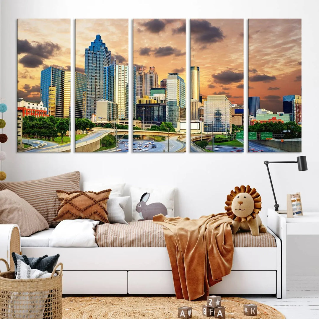 The wall is adorned with the Atlanta City Lights Sunset Skyline Cityscape View Wall Art Canvas Print, elegantly gallery wrapped and showcasing a skyline beneath a partly cloudy sky. This piece is created on museum-quality canvas and features a UV-protective coating to ensure lasting vibrancy.