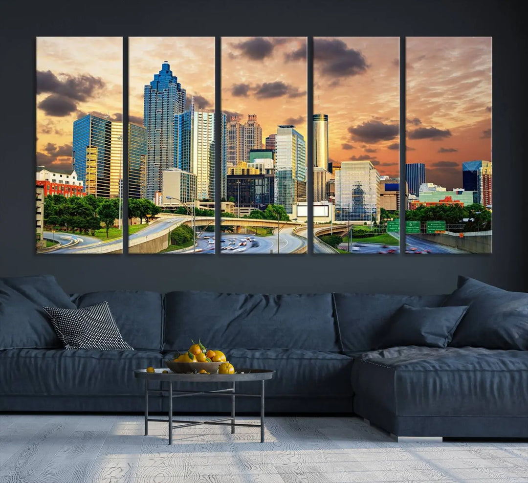 The wall is adorned with the Atlanta City Lights Sunset Skyline Cityscape View Wall Art Canvas Print, elegantly gallery wrapped and showcasing a skyline beneath a partly cloudy sky. This piece is created on museum-quality canvas and features a UV-protective coating to ensure lasting vibrancy.