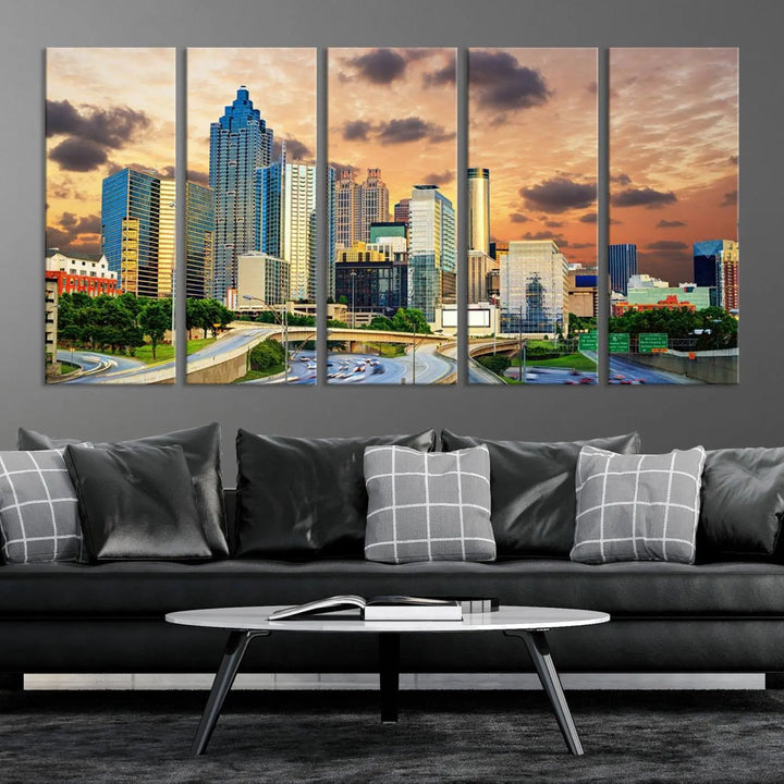 The wall is adorned with the Atlanta City Lights Sunset Skyline Cityscape View Wall Art Canvas Print, elegantly gallery wrapped and showcasing a skyline beneath a partly cloudy sky. This piece is created on museum-quality canvas and features a UV-protective coating to ensure lasting vibrancy.