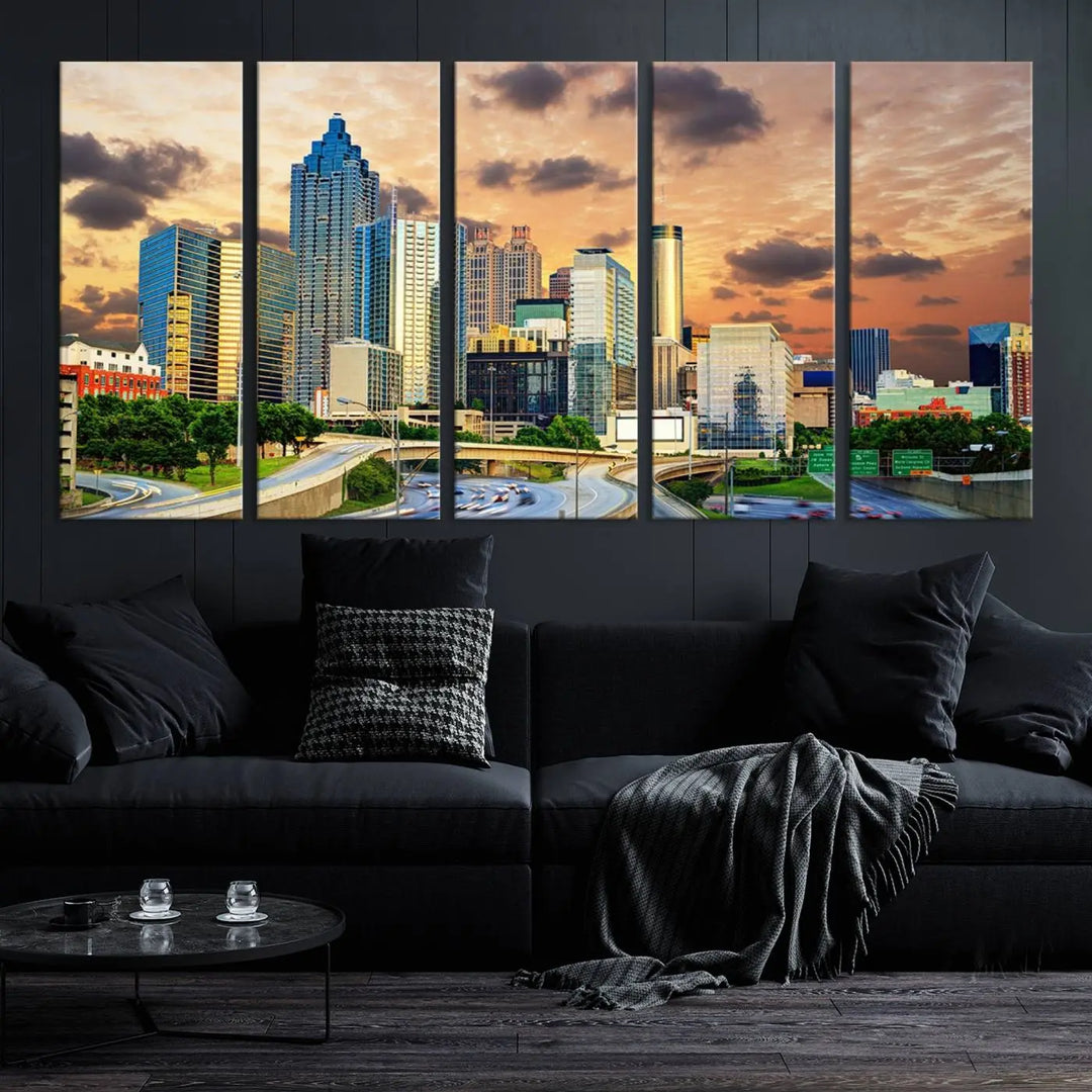 The wall is adorned with the Atlanta City Lights Sunset Skyline Cityscape View Wall Art Canvas Print, elegantly gallery wrapped and showcasing a skyline beneath a partly cloudy sky. This piece is created on museum-quality canvas and features a UV-protective coating to ensure lasting vibrancy.