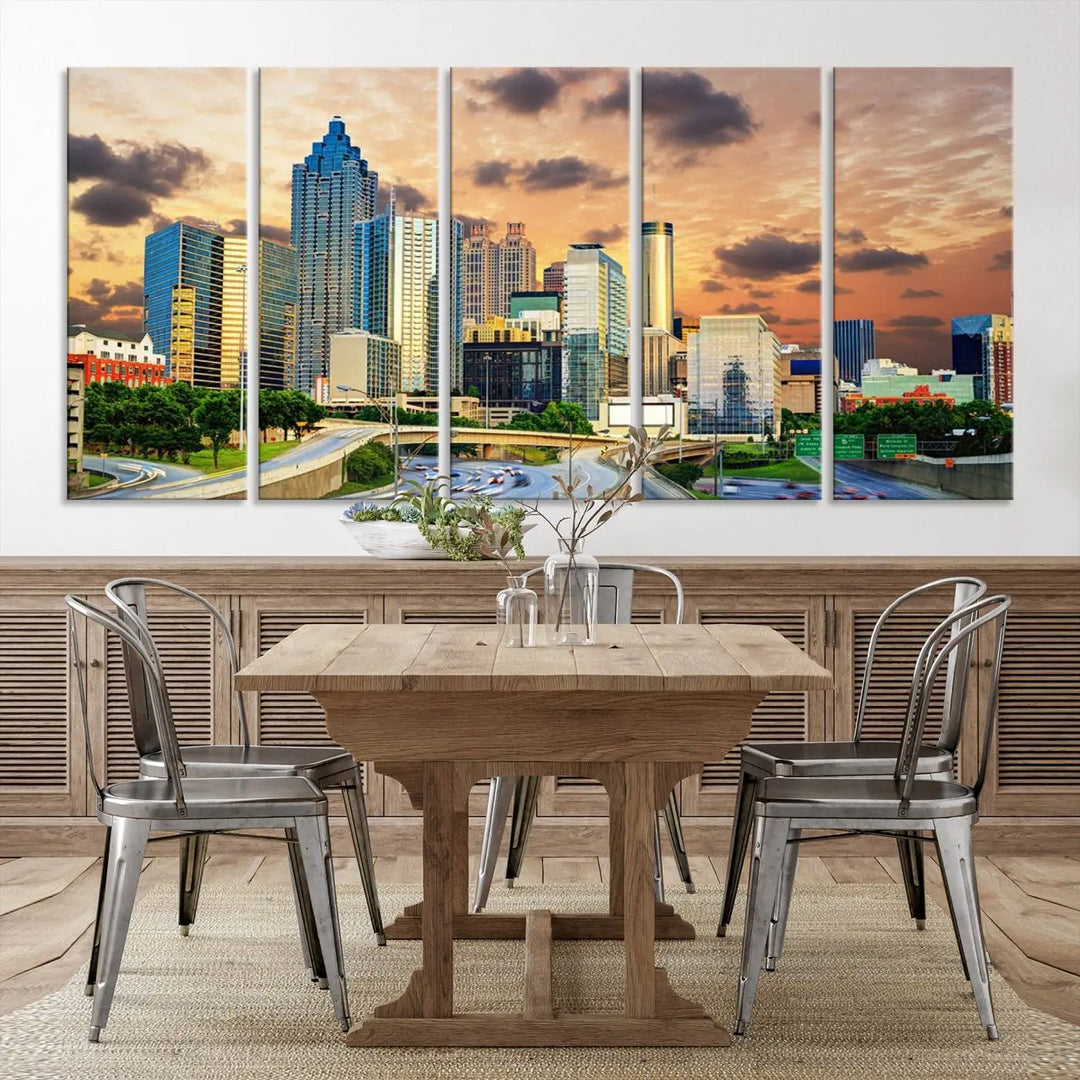 The wall is adorned with the Atlanta City Lights Sunset Skyline Cityscape View Wall Art Canvas Print, elegantly gallery wrapped and showcasing a skyline beneath a partly cloudy sky. This piece is created on museum-quality canvas and features a UV-protective coating to ensure lasting vibrancy.