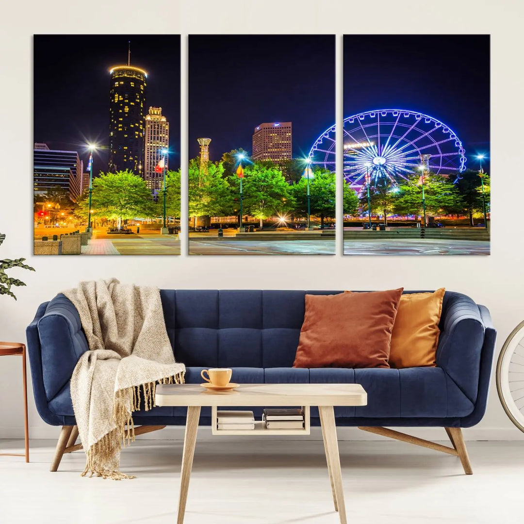 The Atlanta City Night Ferris Wheel Cityscape View Wall Art Canvas Print, crafted on museum-quality polycotton canvas with gallery-wrapped edges for an elegant finish, is beautifully displayed.