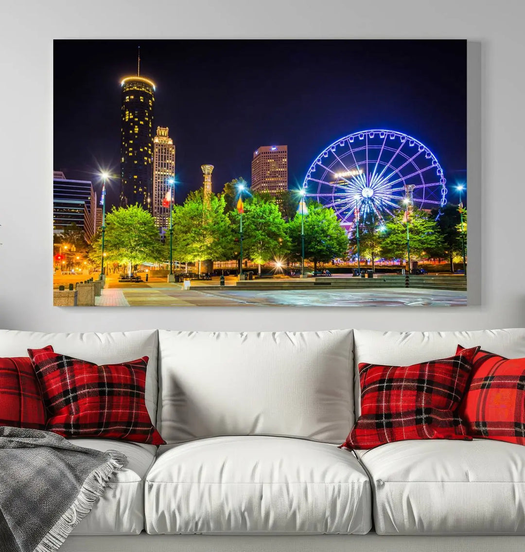 The Atlanta City Night Ferris Wheel Cityscape View Wall Art Canvas Print, crafted on museum-quality polycotton canvas with gallery-wrapped edges for an elegant finish, is beautifully displayed.