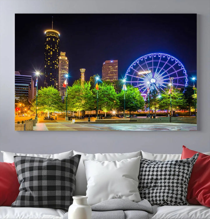 The Atlanta City Night Ferris Wheel Cityscape View Wall Art Canvas Print, crafted on museum-quality polycotton canvas with gallery-wrapped edges for an elegant finish, is beautifully displayed.