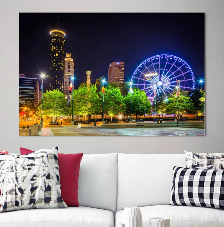 The Atlanta City Night Ferris Wheel Cityscape View Wall Art Canvas Print, crafted on museum-quality polycotton canvas with gallery-wrapped edges for an elegant finish, is beautifully displayed.