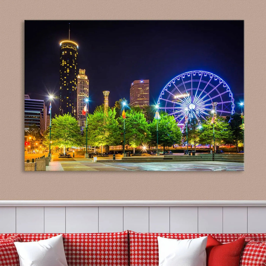 The Atlanta City Night Ferris Wheel Cityscape View Wall Art Canvas Print, crafted on museum-quality polycotton canvas with gallery-wrapped edges for an elegant finish, is beautifully displayed.