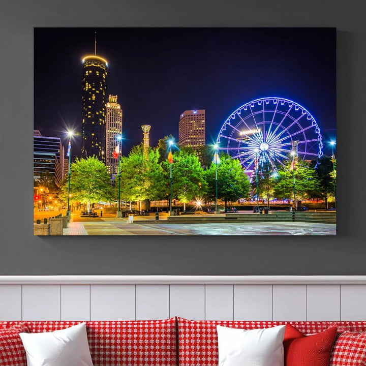 The Atlanta City Night Ferris Wheel Cityscape View Wall Art Canvas Print, crafted on museum-quality polycotton canvas with gallery-wrapped edges for an elegant finish, is beautifully displayed.