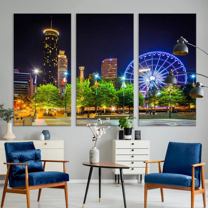 The Atlanta City Night Ferris Wheel Cityscape View Wall Art Canvas Print, crafted on museum-quality polycotton canvas with gallery-wrapped edges for an elegant finish, is beautifully displayed.