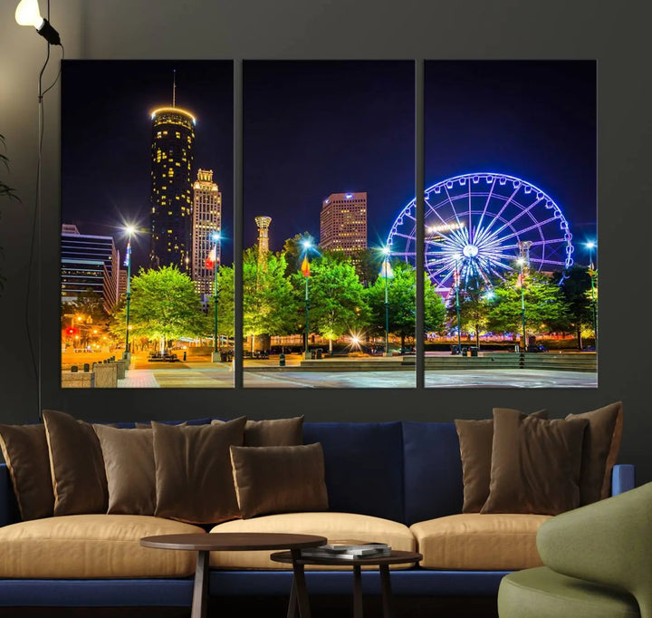 The Atlanta City Night Ferris Wheel Cityscape View Wall Art Canvas Print, crafted on museum-quality polycotton canvas with gallery-wrapped edges for an elegant finish, is beautifully displayed.