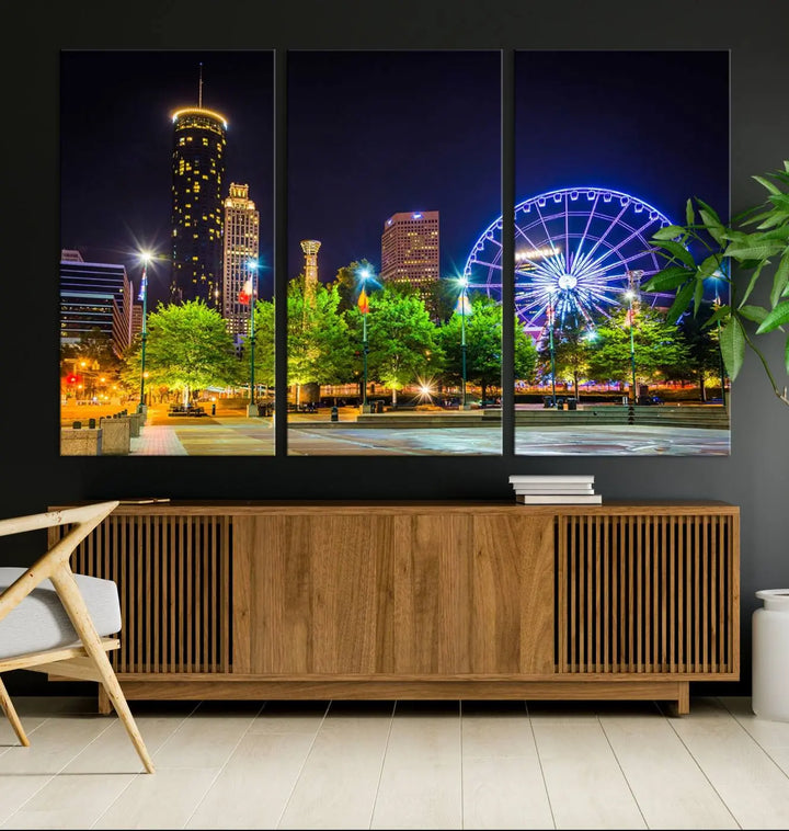 The Atlanta City Night Ferris Wheel Cityscape View Wall Art Canvas Print, crafted on museum-quality polycotton canvas with gallery-wrapped edges for an elegant finish, is beautifully displayed.